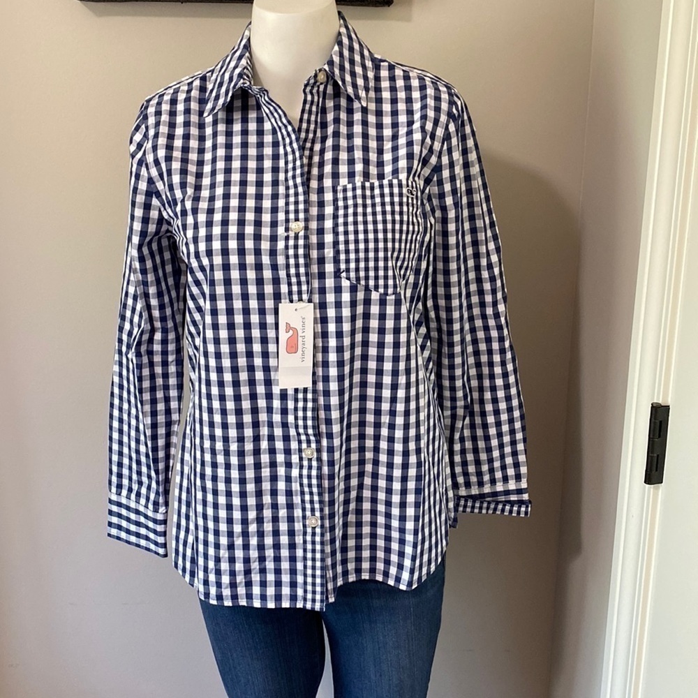 Vineyard Vines Woven Tops Mixed Gingham Relaxed Button Down Deep Bay Sz 0 NEW